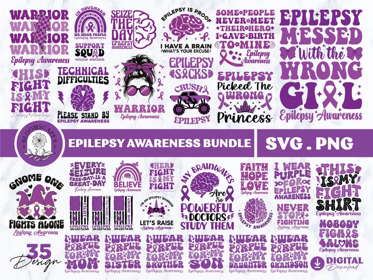 Epilepsy Awareness Svg Png Bundle, Purple Ribbon Svg, Epilepsy Warrior Svg Cricut Cut File Sublimation