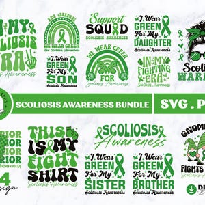 Puede incluir: Un paquete de descarga digital de 14 diseños con texto y gráficos verdes y negros relacionados con la concienciación sobre la escoliosis. Los diseños incluyen frases como "In My Scoliosis Era", "Support Squad", "This Is My Fight Shirt" y "Gnome One Fights Alone".