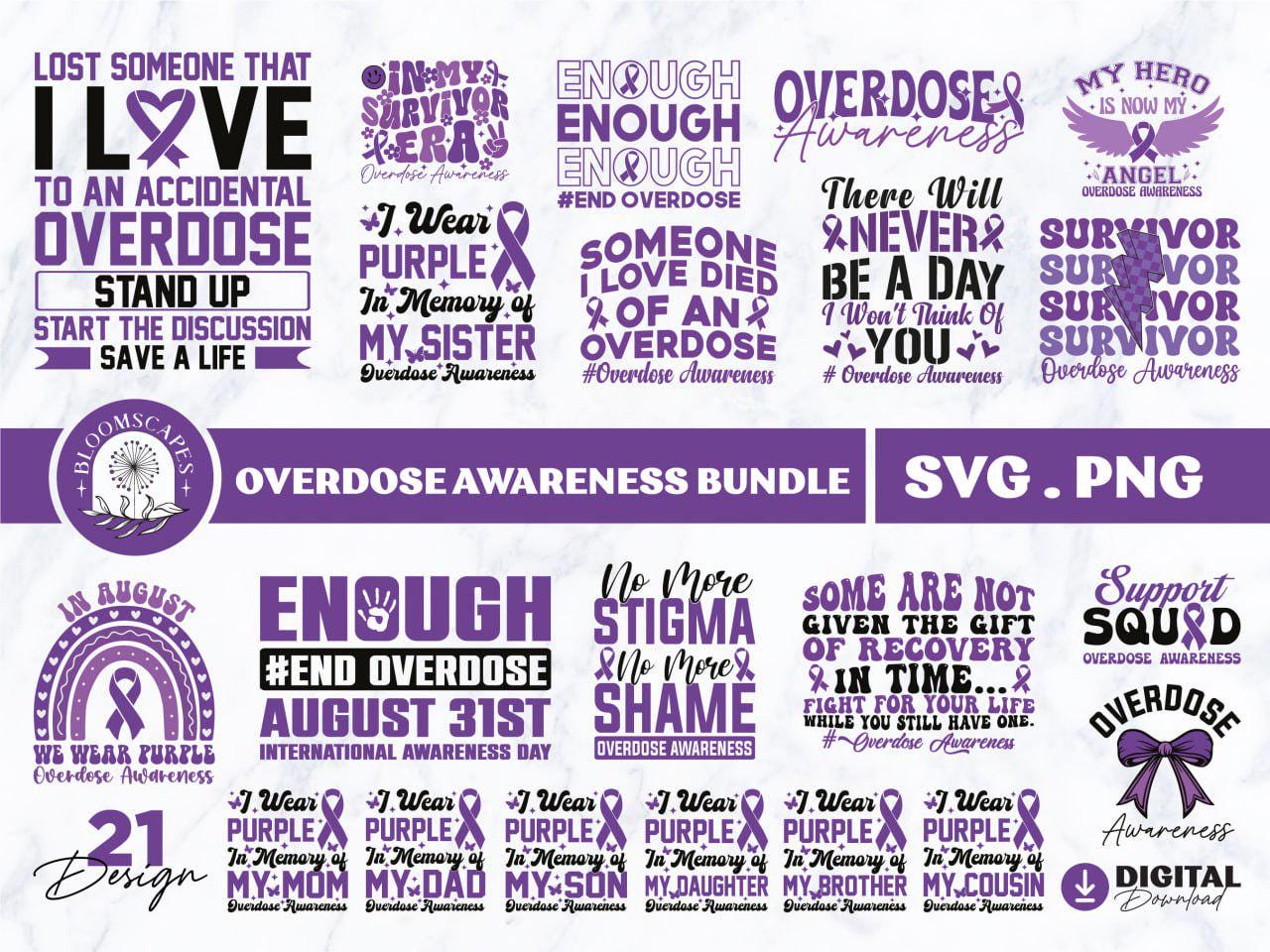 Overdose Transparent Overdose Awareness SVG PNG Bundle, Purple Ribbon Designs (digital ...