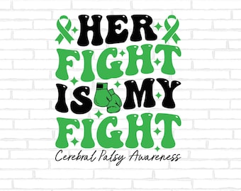 Puede incluir: Gráfico de concienciación con una cinta verde y el texto "HER FIGHT IS MY FIGHT" y las palabras "Cerebral Palsy Awareness" debajo.