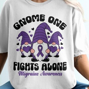Gnome One Fights Alone Svg, Migraine Awareness Svg Png, Purple Ribbon, Chronic Headache Pain Support Svg Cricut Sublimation Design