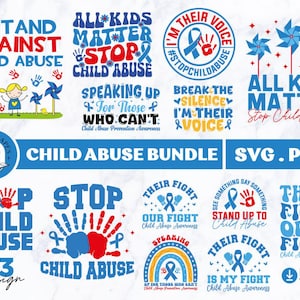 Könnte beinhalten: Ein Bündel von 13 digitalen Designs mit bunten Illustrationen und Texten zum Thema Kindesmissbrauch. Die Designs beinhalten Sätze wie "Stop Child Abuse", "All Kids Matter", "Their Fight is My Fight" und "Speaking Up for Those Who Can't".