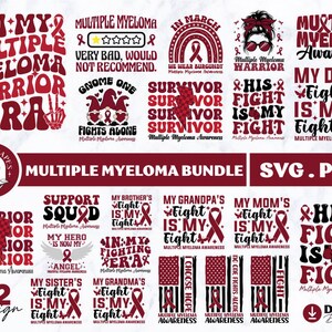 Könnte beinhalten: Ein digitales Download-Paket mit 22 SVG- und PNG-Designs mit Slogans und Grafiken zum Thema Multiple-Myelom-Bewusstsein. Die Designs beinhalten Sätze wie "In My Multiple Myeloma Warrior Era", "Support Squad", "My Brother's Fight Is My Fight", "His Fight Is My Fight", "My Mom's Fight Is My Fight", "Her Fight Is My Fight" und "Multiple Myeloma Awareness".
