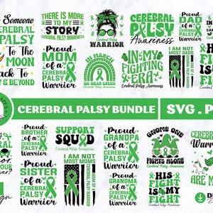 Puede incluir: Un paquete de descarga digital de 21 diseños SVG y PNG con cintas verdes y texto relacionado con la concienciación sobre la parálisis cerebral. Los diseños incluyen frases como "Soy un guerrero de la parálisis cerebral", "Orgullosa madre de un guerrero de la parálisis cerebral" y "Su lucha es mi lucha".