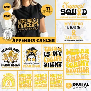 Puede incluir: Una colección de diseños digitales para la concienciación sobre el cáncer de apéndice. Los diseños incluyen gráficos de texto con frases como "Support Squad", "My Hero is Now My Angel" y "This is My Fight Shirt". Cintas amarillas.