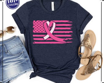 Breast Cancer Awareness Shirt: Ribbon American Flag Tee