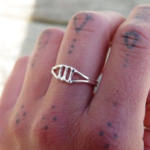 Puede incluir: Un anillo de plata con un diseño geométrico que presenta cuatro barras verticales. El anillo se lleva en un dedo con algunos pequeños puntos negros tatuados en él.