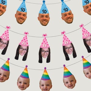 Personalised Birthday Bunting | Custom Face with Party Hat | Blue, Pink or Rainbow | Free Matching Cupcake Topper - FREE DELIVERY