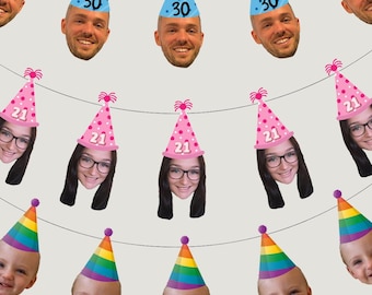 Personalised Birthday Bunting | Custom Face with Party Hat | Blue, Pink or Rainbow | Free Matching Cupcake Topper - FREE DELIVERY