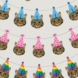 Könnte beinhalten: Ein festliches Banner mit Katzenköpfen, die Partyhüte mit der Zahl 1 tragen. Die Hüte sind in Blau, Rosa und Regenbogenfarben gehalten. Der Text "Plus einen kostenlosen Cupcake-Topper!" ist ebenfalls sichtbar.