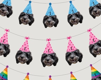 Personalised Dog Bunting | Custom Pet Face with Party Hat | Blue, Pink or Rainbow | Free Matching Cupcake Topper - FREE DELIVERY