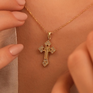 Diamond Orthodox Cross Necklace | Solid Gold Eastern Pendant