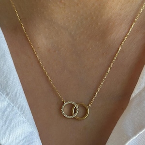 14K Solid Gold Diamond Intertwined Circle Necklace | Double Circle Design for Women | Two Ring Necklace | Ideal for Anniversary Gift