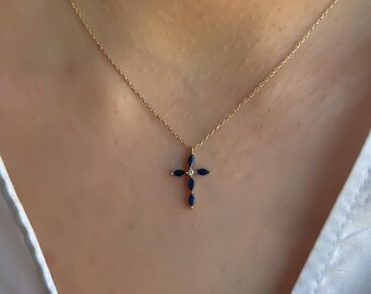10k/14k Solid Gold Blue Stone Cross Pendant Necklace