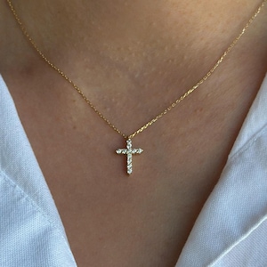 14K Solid Gold Diamond Cross Necklace | Pavé Pendant, Baptism Gift