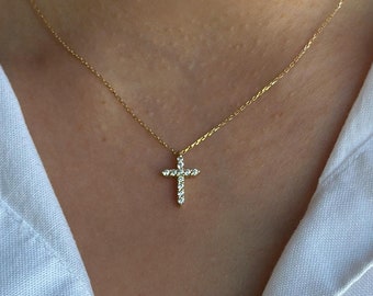 14K Solid Gold Diamond Cross Necklace | Pavé Pendant, Baptism Gift
