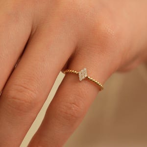 Solid Gold Beaded Ring, Geometric Diamond Accent - 10k 14k Stacking Band
