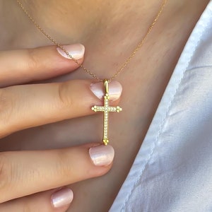 14K Solid Gold Diamond Cross Necklace | Pavé Cross Pendant | 10K 14K Gold Religious Jewelry | Christian Faith Gift | Diamond Jewelry