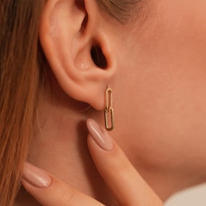 14K Solid Gold Paperclip Earrings: Double Link Dangle Earrings