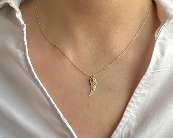 14K Solid Gold Angel Wing Necklace | Minimalist Memorial Jewelry