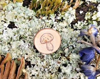 Mushroom Pin - Natural Wood Brooch - Botanical Art Pin - Gifts for Nature Lovers - Mycology Accessories - Handmade Stamped Jewelry - Fungi