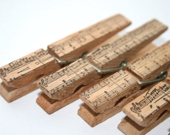 25 Vintage Musical Notation Stamped Wood Clothespin Set - Music - Vintage Chic Wedding - Party Event Decoration - Office Organization