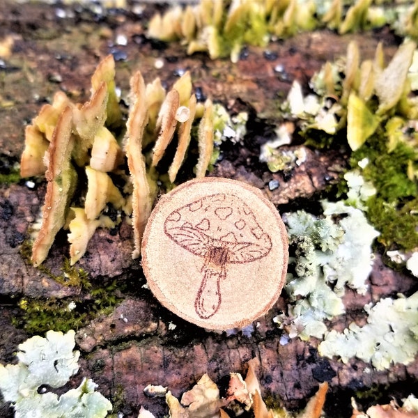 Mushroom Pin - Natural Wood Brooch - Botanical Art Pin - Gifts for Nature Lovers - Mycology Accessories - Handmade Stamped Jewelry - Fungi