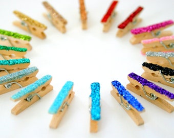 Ultra Mini Glittered Clothespin Set - You Pick Color - Micro Glitter- Christmas Card Display - Holiday Home Decor - Wedding Favors - Party