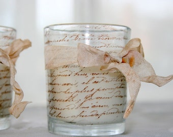 French Script Candle - Vintage Chic Hand Stamped Votives Tied with Vintage Dyed Ribbon Hostess Gift