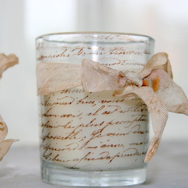 French Script Candle - Shabby Chic Hand Stamped Votives Tied with Vintage Dyed Ribbon