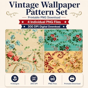 Op de afbeelding: Een digitale downloadset met vier vintage behangpatronen. De ontwerpen bevatten bloemen- en siermotieven in verschillende kleurenschema's, waaronder blauw, rood en geel. De afbeelding bevat de tekst "Vintage Wallpaper Pattern Set" en "Printable PNG Download."