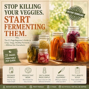 Puede incluir: Imagen de tarros de vidrio llenos de verduras fermentadas, como zanahorias y repollo morado. El texto dice: "Deja de matar tus verduras. Empieza a fermentarlas" y promociona una guía para principiantes de 21 páginas.