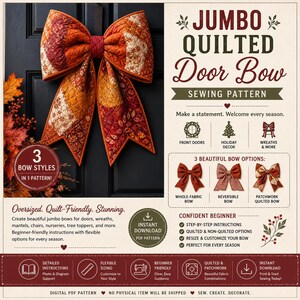 Jumbo Quilted Door Bow Sewing Pattern PDF, Oversized Fabric Bow Tutorial, Christmas Front Door Decor, Reversible & Patchwork Bow