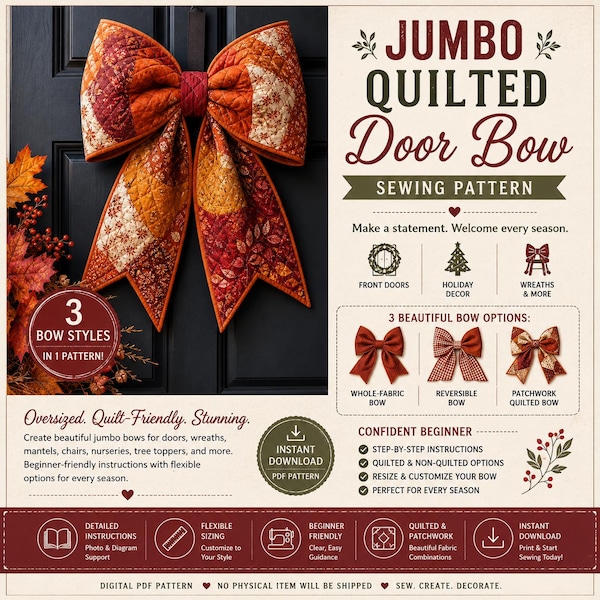 Jumbo Quilted Door Bow Sewing Pattern PDF, Oversized Fabric Bow Tutorial, Christmas Front Door Decor, Reversible & Patchwork Bow