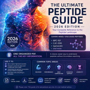 Puede incluir: Una guía digital titulada "The Ultimate Peptide Guide - Edición 2026". La portada presenta una figura humana estilizada con un degradado azul y naranja. La guía cubre varios péptidos y temas como la recuperación y la longevidad.