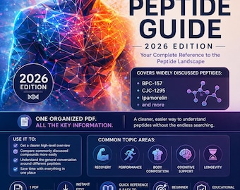 May include: A digital guide titled "The Ultimate Peptide Guide - 2026 Edition." The cover features a stylized human figure with a blue and orange gradient. The guide covers various peptides and topics like recovery and longevity.