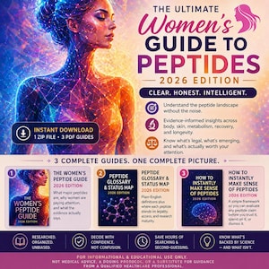 May include: A book cover for "The Ultimate Women's Guide to Peptides 2026 Edition" featuring a woman's illustration. The cover includes the text "Clear. Honest. Intelligent." and information on peptides, body, skin, and metabolism.