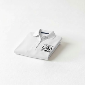 A white polo shirt is folded and placed on a white surface.