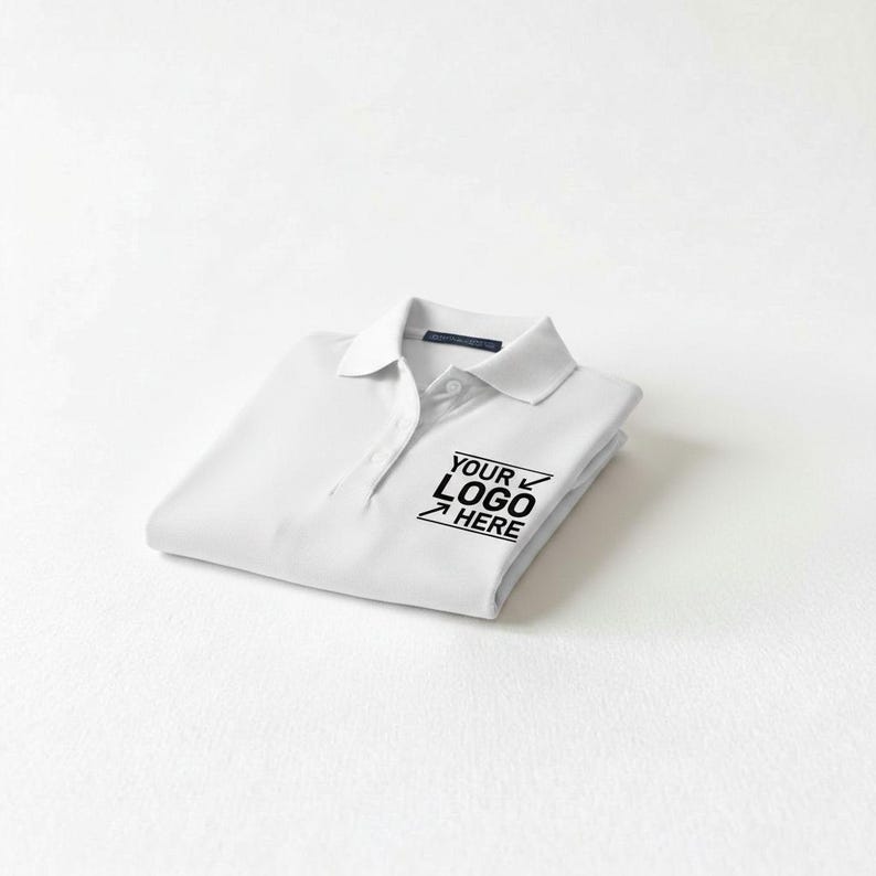 A white polo shirt is folded and placed on a white surface.