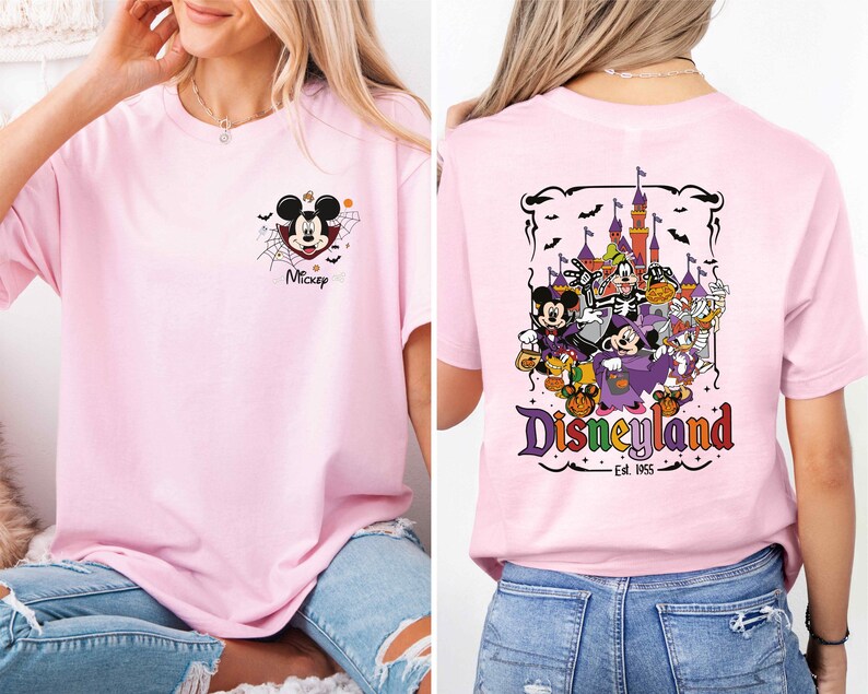 The image is a collage of two photos featuring a woman wearing a pink t-shirt with a Disney-themed design. The back of the t-shirt displays a colorful graphic of Mickey Mouse and various Disney characters, along with the text "Disneyland" and "Est. 1955".