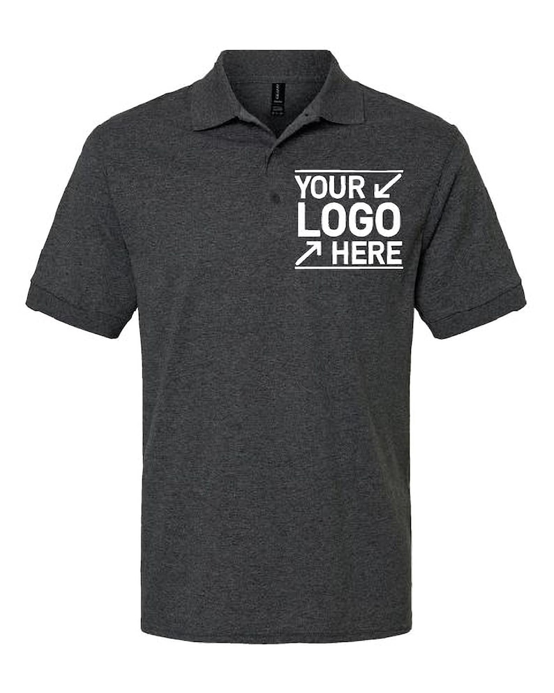 A gray polo shirt with a white logo on the left side of the chest.