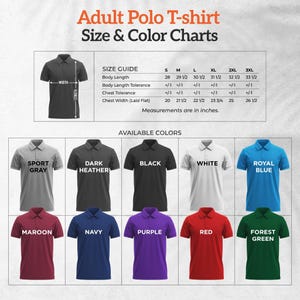 a collection of adult polo t-shirts in various colors and sizes, along with size and color charts to help customers choose the right shirt.