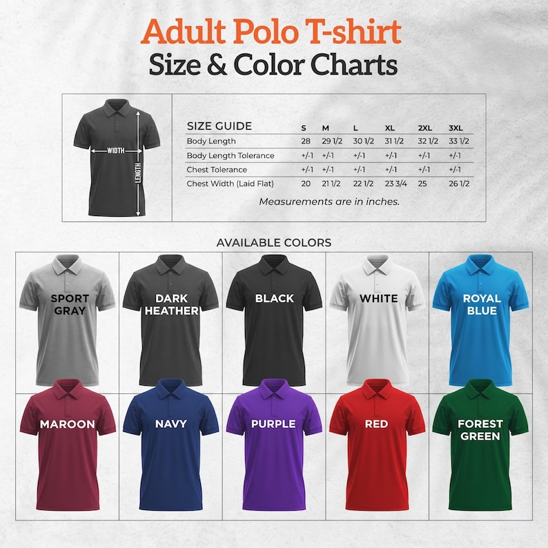 a collection of adult polo t-shirts in various colors and sizes, along with size and color charts to help customers choose the right shirt.