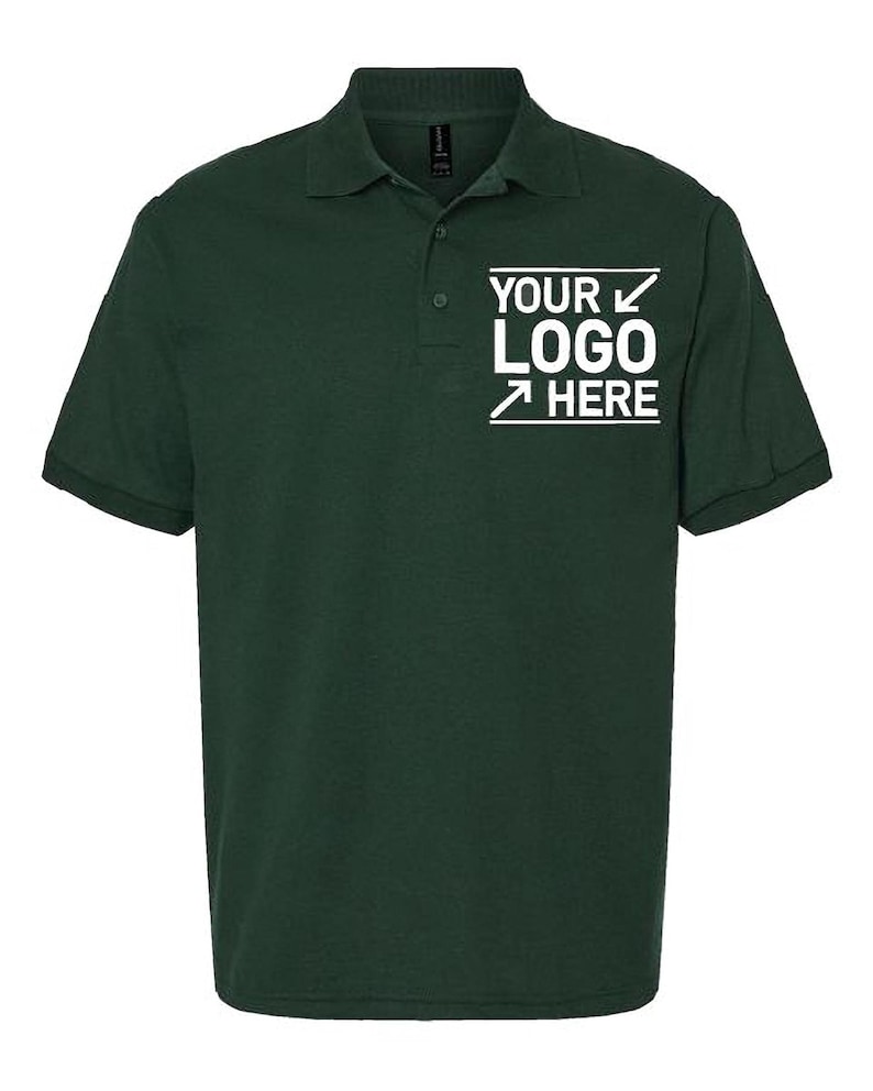 A dark green polo shirt with a white logo on the left side of the chest.