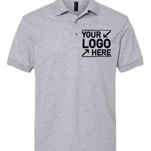 A gray polo shirt with a logo on the left side of the chest.