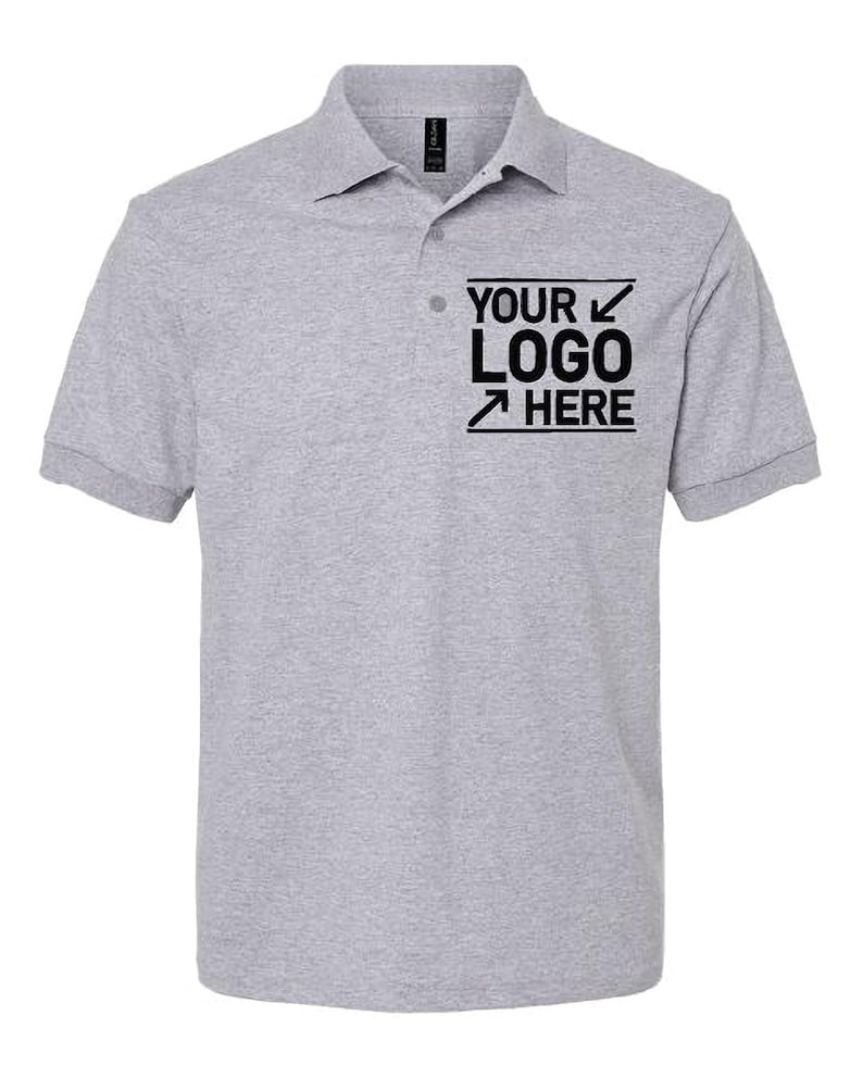 A gray polo shirt with a logo on the left side of the chest.
