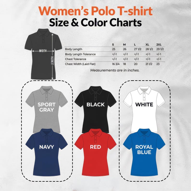 a size and color chart for women's polo t-shirts, including different color options and corresponding measurements in inches.