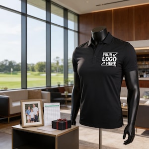 a mannequin wearing a black polo shirt with the text "YOUR LOGO HERE" printed on it, placed in a room with large windows overlooking a golf course.