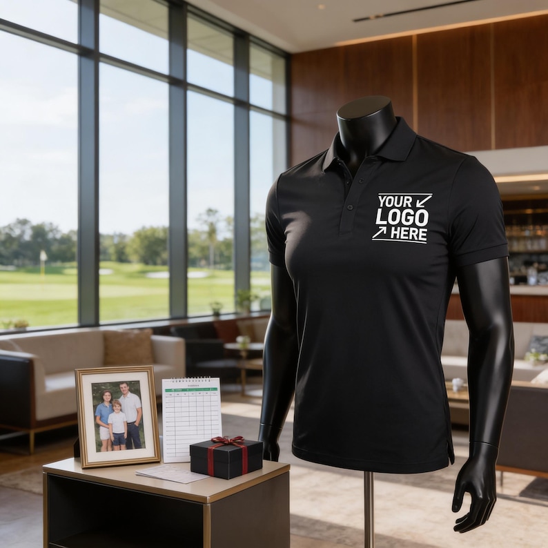 a mannequin wearing a black polo shirt with the text "YOUR LOGO HERE" printed on it, placed in a room with large windows overlooking a golf course.