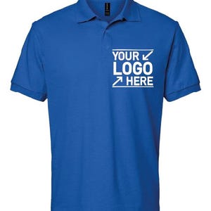 A blue polo shirt with a white logo on the front.